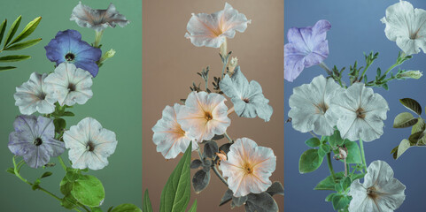 Wall Mural - petunia flowers on three multi-colored backgrounds, three vertical images, triptych.