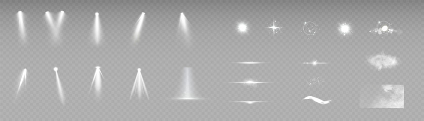 Aufkleber - Collection of lighting for stage and presentations, transparent effects. Bright lighting with spotlights. Vector