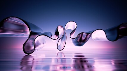 abstract 3d rendering, wavy iridescent metallic shape above the water with reflection. Modern unique wallpaper