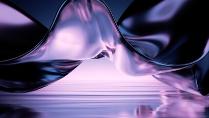 abstract 3d rendering, iridescent metallic drapery levitates above the water with reflection. Modern unique wallpaper