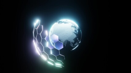 4k 3D animation. Digital planet. Blue glowing hexagonal mesh. Global network and communication concept. Earth globe business high tech background