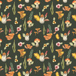 Seamless watercolor pattern on the theme of autumn with various mushrooms chanterelles, porcini, boletus, other mushrooms, fern leaves, twigs and flowers for your design in high quality