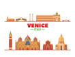 Venice Italy city landmarks in white background. Vector Illustration. Legendary Landmarks: The Rialto Bridge, Piazza and Campanile San Marco, Bridge of Sighs