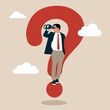 Businessman with huge question mark look through binoculars to search for new business idea. Curiosity explore unknown, search for solution or new business opportunity, seek for success concept.