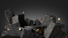3d Render, Abstract Background With Black Cobblestone Ruins, Broken Rocks And Golden Nuggets. Modern Minimal Showcase Scene With Empty Cylinder Podium For Product Presentation