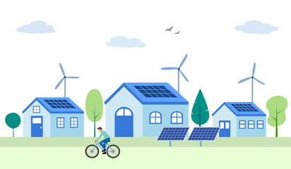 Environment friendly houses with solar panels and wind turbines in flat design. Solar sustainable village.