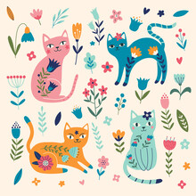 Big Set Of Hand-drawn Cats And Flowers. Cute Flower Cats In Cartoon Style. Vector Illustration Isolated On Beige Background.