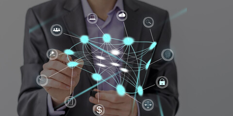 Aufkleber - Digital communication and virtual screen metaverse technology concept WEB 3.0.hand touch globe internet.