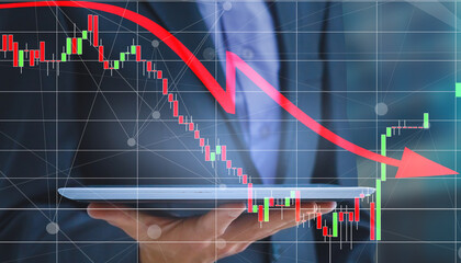 Aufkleber - Office man finger touch hud, virtual screen with stock market changes, business candlesticks graph chart. Double exposure of lines, growing numbers, online trading