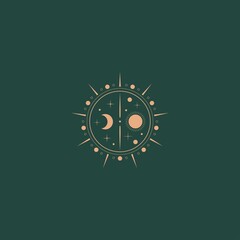 Wall Mural - Moon, sun, stars. Geometric, linear art style. Trendy Vector illustration. Isolated round icon. Boho, esoteric, witchcraft, alchemy, mystic, abstract concept. Logo, avatar, poster, print template