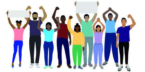 Set of black girls and guys drawn in full length with arms raised above their heads, flat vector on white background, faceless illustration
