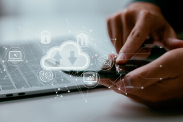 Leinwandbilder - A guy works on a laptop with a cloud computing diagram. Cloud computing and internet service principles.