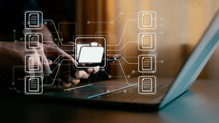 Leinwandbilder - Document Management System (DMS), online documentation database, and process automation to efficiently manage files, knowledge, and documents in a company using ERP. Corporate business technology.