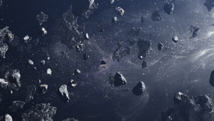 Wall Mural - 3d rendering of deep space with massive asteroid field flying , large asteroid rocks flying in space
