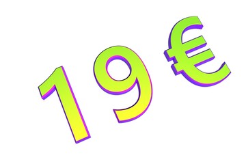 Poster - 19€. European money, price tag. Sale or exchange. Yellow-green voluminous chmslo. 3D rendering.