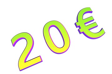 Poster - 20€. European money, price tag. Sale or exchange. Yellow-green voluminous chmslo. 3D rendering.