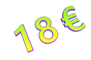 Poster - 18€. European money, price tag. Sale or exchange. Yellow-green voluminous chmslo. 3D rendering.