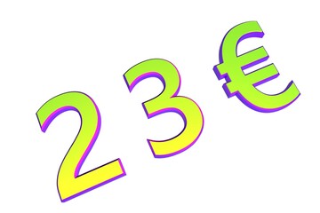 Poster - 23€. European money, price tag. Sale or exchange. Yellow-green voluminous chmslo. 3D rendering.