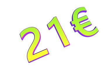 Poster - 21€. European money, price tag. Sale or exchange. Yellow-green voluminous chmslo. 3D rendering.