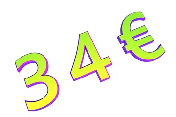 Poster - 34€. European money, price tag. Sale or exchange. Yellow-green voluminous chmslo. 3D rendering.