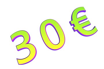Poster - 30€. European money, price tag. Sale or exchange. Yellow-green voluminous chmslo. 3D rendering.