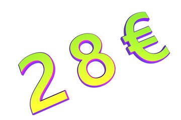 Poster - 28€. European money, price tag. Sale or exchange. Yellow-green voluminous chmslo. 3D rendering.