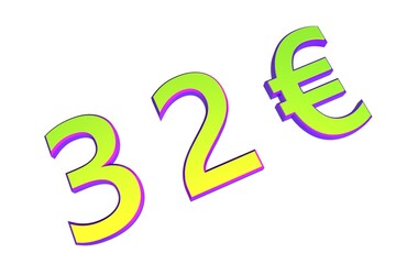 Poster - 32€. European money, price tag. Sale or exchange. Yellow-green voluminous chmslo. 3D rendering.