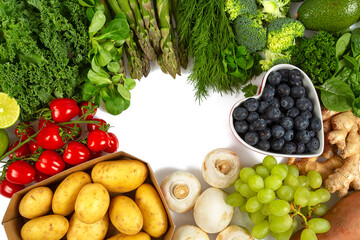 healthy fruits and vegetables isolated on white background arranged as a frame for your text