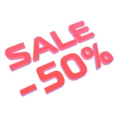 Poster - - 50% Sale. Marketing and discounts. Volumetric pink inscription. 3d rendering.
