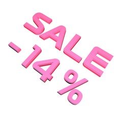 Poster - - 14% Sale. Marketing and discounts. Volumetric pink inscription. 3d rendering.