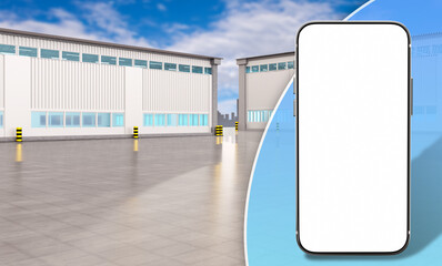 Poster - Application recommendation. Phone in front of industrial buildings. Phone white screen. Template for industrial advertising. Place to showcase company's website. Smartphone mock up. 3d image.