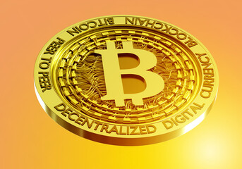 Poster - Bitcoin currency. Golden coin of claim money. Money for anonymous payment concept. Bitcoin currency for online payments. Decentralized bitcoin currency logo. Crypto coin on orange. 3d rendering.
