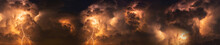 Panorama Dark Cloud At  Night With Thunder Bolt. Heavy Storm Bringing Thunder, Lightnings And Rain In Summer.