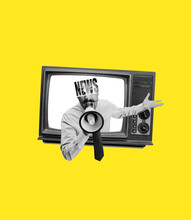 Contemporary Art Collage. Excited Man Sticking Out From Retro Tv Set Isolated On Yellow Background. Concept Of Art, Surrealism, News, Sales, Info, Discount