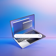 Poster - 3D illustration of a laptop with an open browser tab on the screen. Internet search using smartphone.