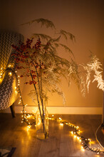 Winter Bouquet Of Dry Reeds And Rowan Decorated With A Garland