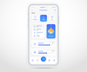 Smartphone smart home lighting controlled app UX UI, IOT Internet of things technology, Digital future home automation tech, smart devices application phone, Wifi cctv heating air, vector illustration