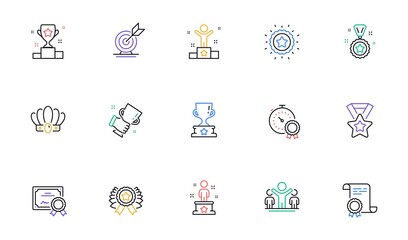 Poster - success line icons set. goal target, certificate, winner cup. reward, medal with ribbon, crown icons