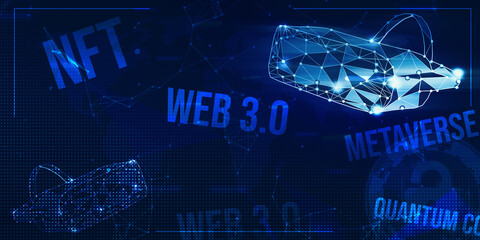 Poster - Blue Futuristic Technology headset design background with glowing wireframe and dots. Modern tech backdrop