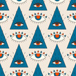 Seamless vector pattern with psychedelic religion symbols. Retro groovy graphic background with triangle and abstract eye. Vintage hippy texture