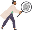 © robu_s - Lady looking at black and white finger print with search loupe. Scientist examines evidence of crime. Lady near fingerprint of suspect under magnifying glass. Analytics and research for consequence
