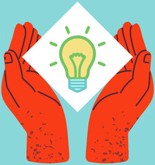 Poster - hands holding light bulb, electricity sign isolated on white background. symbol of new idea, creativ