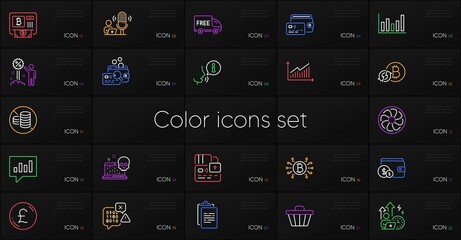 Set of Discount, Card and Bitcoin atm line icons. Include Difficult stress, Free delivery, Refresh bitcoin icons. Buying accessory, Pound money, Analytical chat web elements. Inspect. Vector