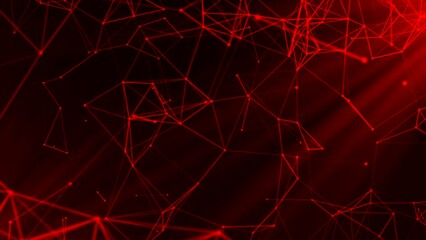 Poster - Red abstract background, plexus, technology concept. Motion. Connected dots and lines flying chaotically, seamless loop.