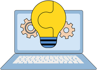 Poster - Technical support, computer service and search for solution concept. Gears and light bulb on screen of laptop. Program for working with software of electronic equipment. Creating new ideas at work