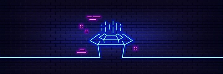 Poster - Neon light glow effect. Packing boxes line icon. Delivery parcel sign. Cargo box symbol. 3d line neon glow icon. Brick wall banner. Packing boxes outline. Vector