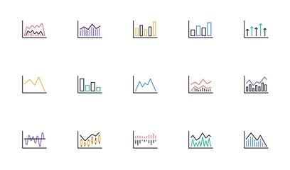 Poster - Charts and graphs line icons. Candlestick graph, Infochart and Report diagram. Presentation linear icon set. Bicolor outline web elements. Vector