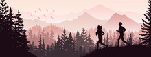 Silhouette Of Boy And Girl Jogging. Forest, Meadow, Mountains. Horizontal Landscape Banner. Violet Illustration. 