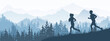 © Anna - Silhouette of boy and girl jogging. Forest, meadow, mountains. Horizontal landscape banner. Blue illustration.