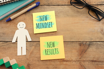 Poster - top view image of table with notes and the text new mindset new results. success and personal development concept